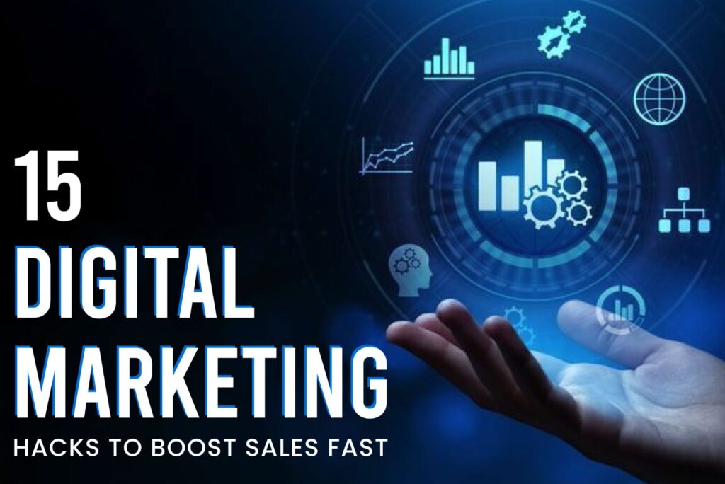 Professional woman presenting 15 digital marketing hacks to quickly boost business sales with branding, design, and online strategy elements.