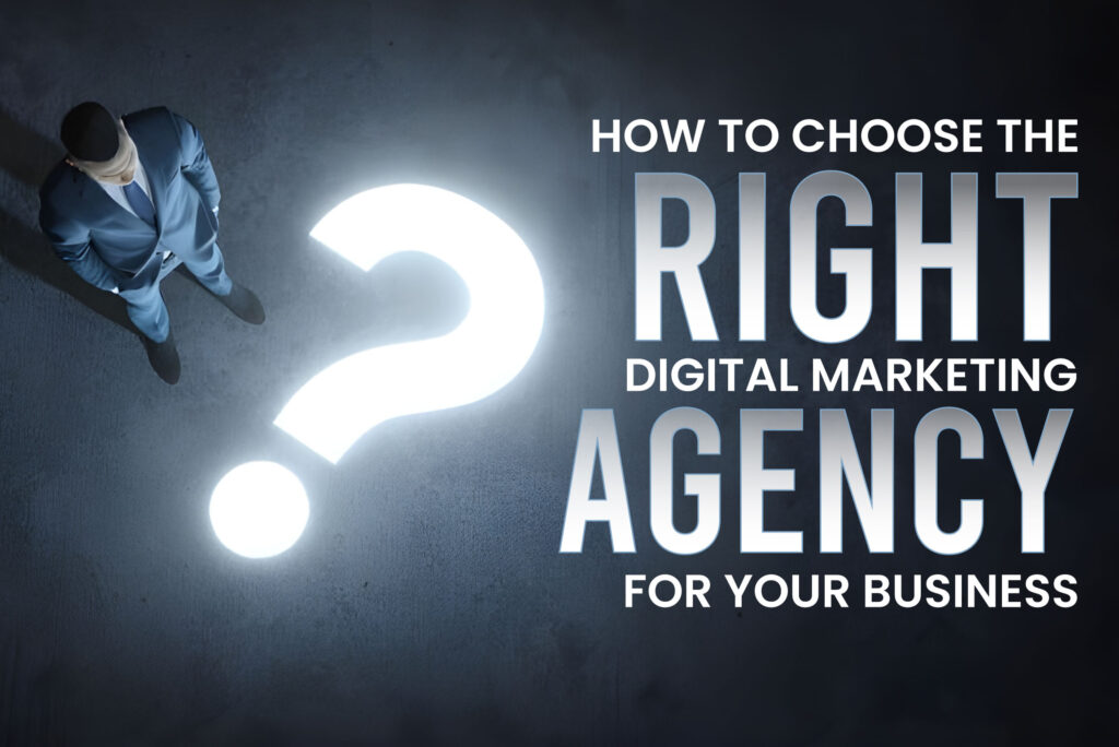 Businessman standing beside a glowing question mark — representing decision-making in choosing the right digital marketing agency.