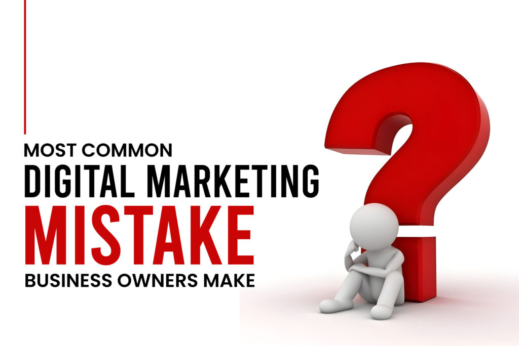 3D figure sitting under a red question mark representing confusion about digital marketing mistakes business owners make