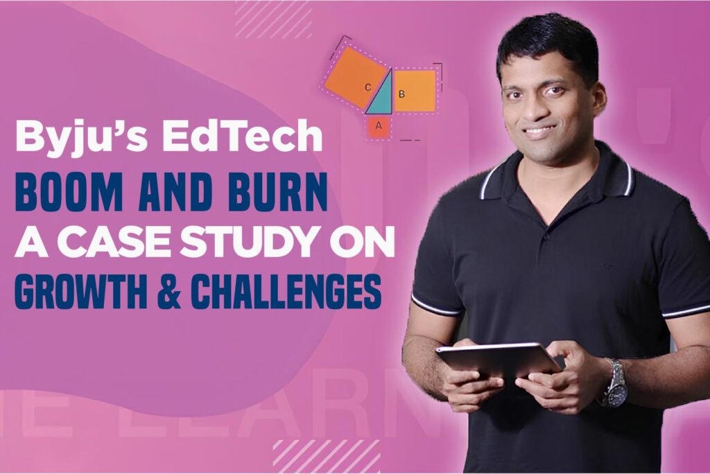 Byju's EdTech founder with tablet and growth chart in background
