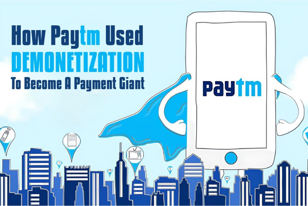 Illustration of Paytm mobile app as superhero above cityscape with demonetization icons