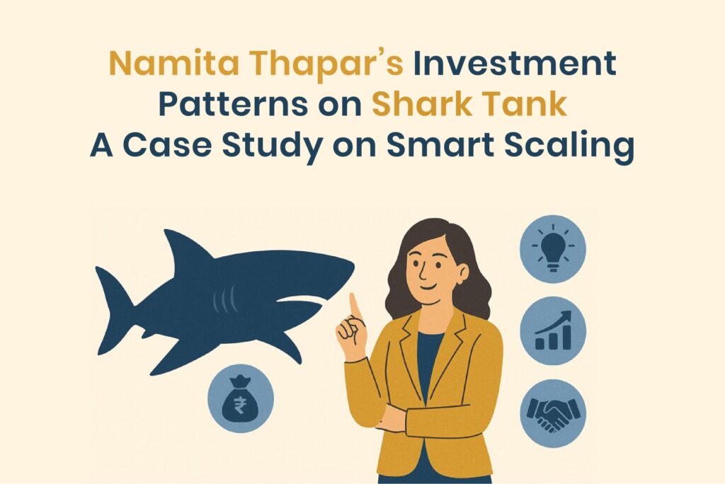 Illustration of Namita Thapar analyzing investment patterns on Shark Tank India, featuring icons of innovation, growth, and finance.