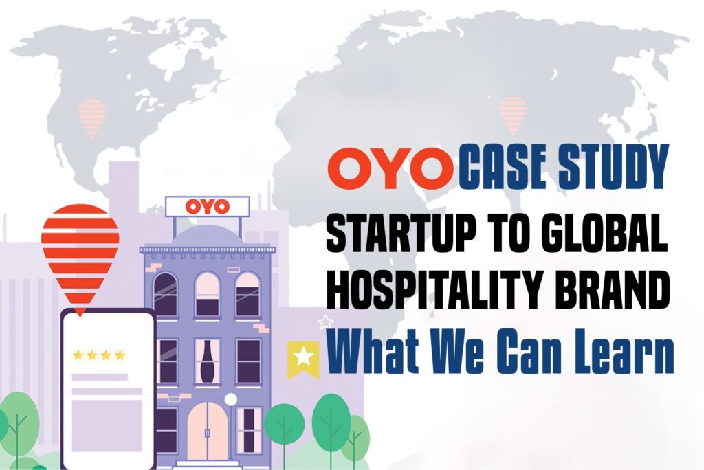 OYO case study illustration with hotel, map, and mobile rating