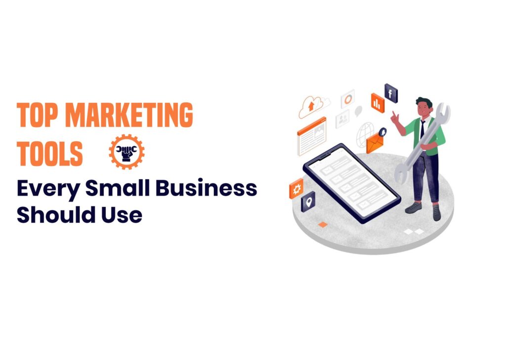 Illustration of top marketing tools for small businesses including social media and email icons