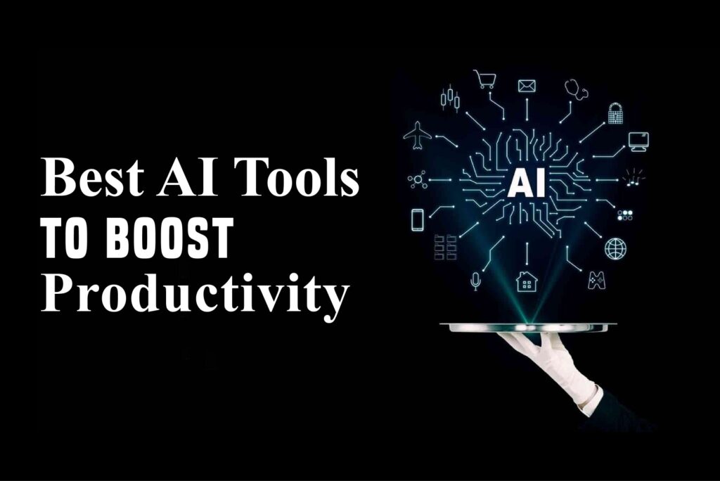 A collage of logos and icons representing the best AI tools for business productivity and work automation.