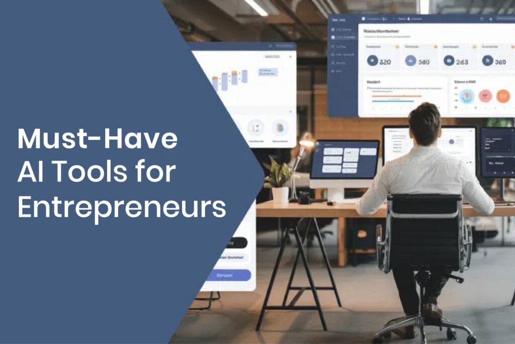 A man sitting at a modern desk facing multiple computer monitors displaying data dashboards and AI interfaces, with the overlay text: "Must-Have AI Tools for Entrepreneurs."