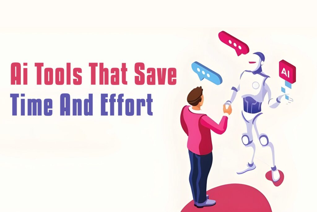 Man interacting with a helpful white robot with blue accents, symbolizing AI tools that save time and effort.