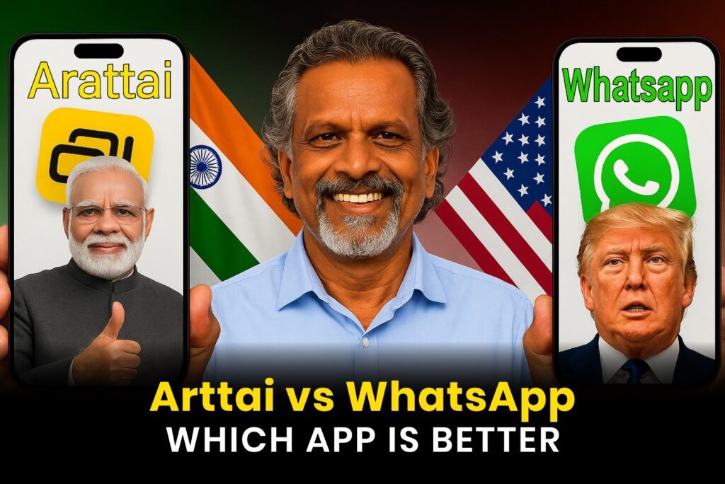 Side-by-side comparison chart showing Arattai's logo and WhatsApp's logo with a list of features, including end-to-end encryption, data storage location, and origin.