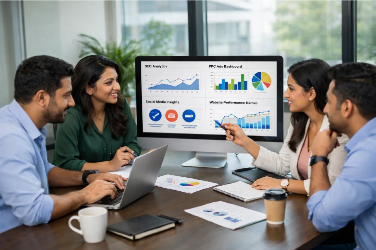 Indian digital marketing team working on SEO, PPC, social media, and conversion optimization strategies in a professional office.
