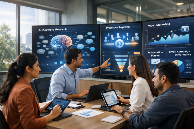 Indian digital marketing professionals analyzing AI trends, voice search data, and video marketing strategies in a modern office.