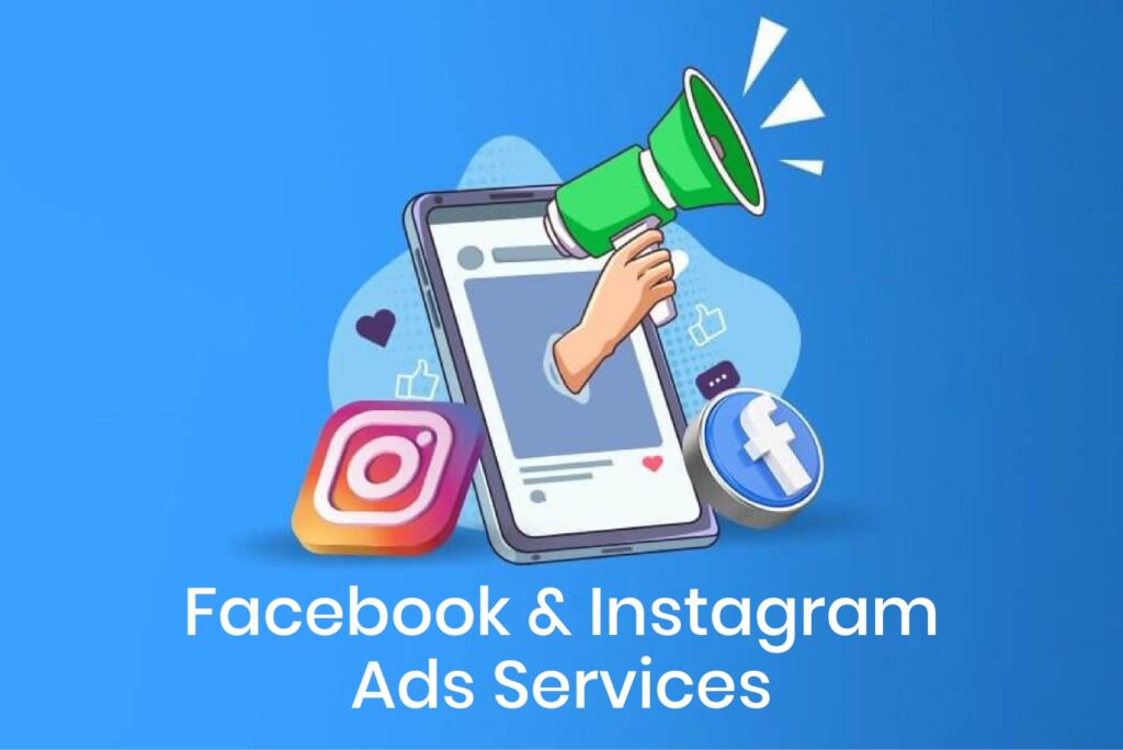 Graphic illustrating effective social media marketing for Facebook & Instagram featuring a megaphone promoting Facebook Ads and Instagram Ads.