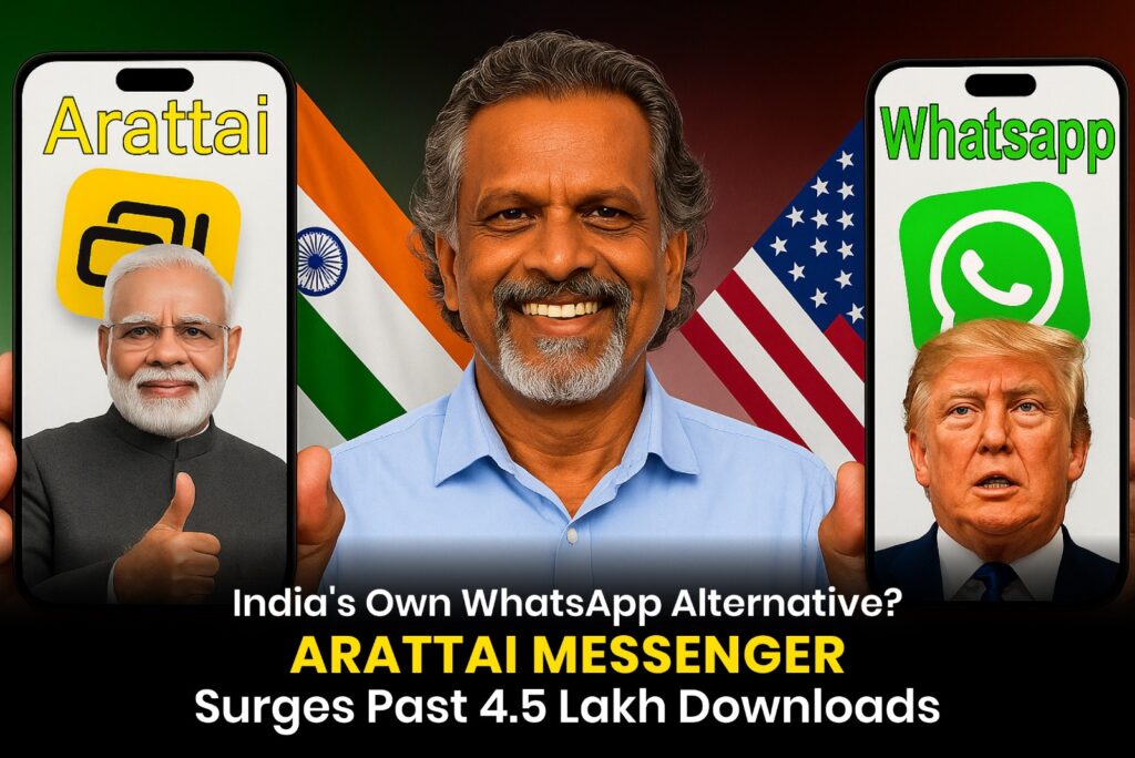 A thumbnail image comparing Arattai and WhatsApp, showing PM Narendra Modi with the Arattai logo and Indian flag on the left, and Donald Trump with the WhatsApp logo and US flag on the right. A man in the center shushes the viewer.