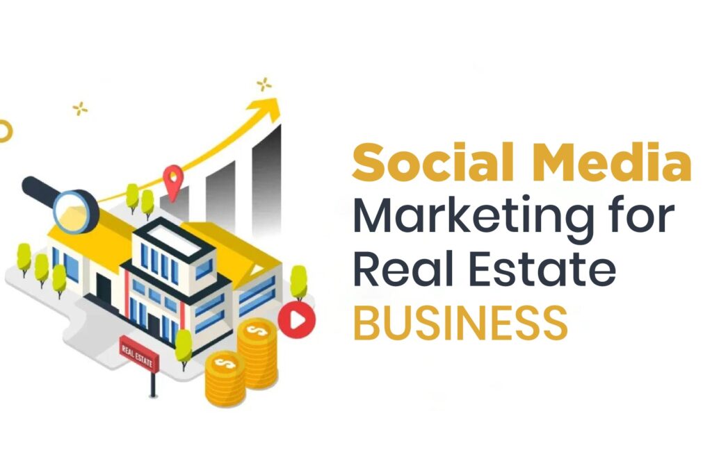 Isometric illustration showing a house, magnifying glass, and growth arrow, symbolizing successful Social Media Marketing for a Real Estate Business.