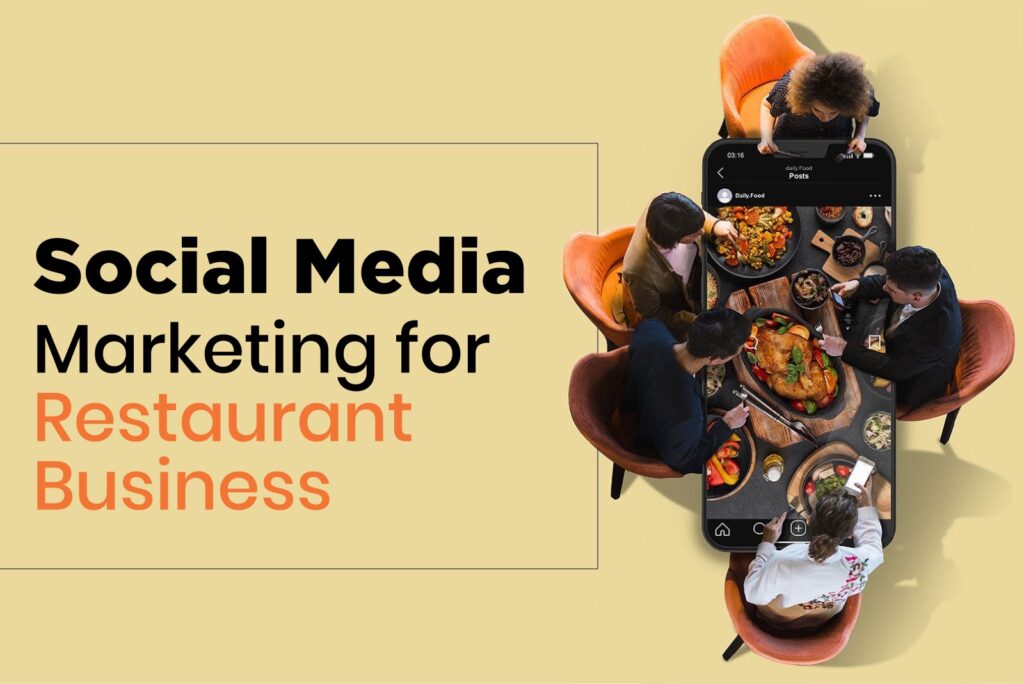 A smartphone displaying a vibrant food post, overlaid on a dining scene, illustrating effective Social Media Marketing for a Restaurant Business.
