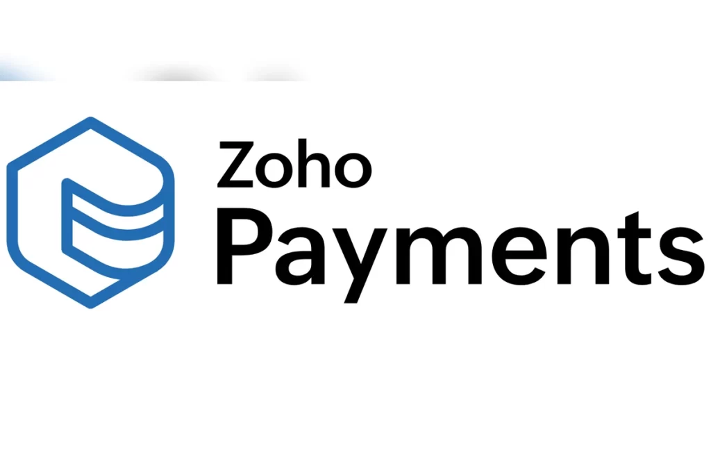 Zoho Payments smart Point-of-Sale (POS) device displaying payment acceptance options like UPI, Card, and QR code.