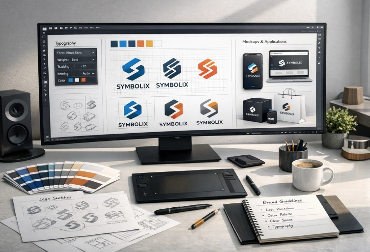 Professional logo design process in 2026 showing typography, color psychology and scalable brand identity for startups in India