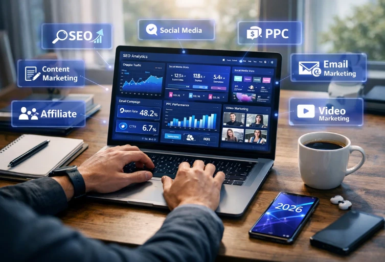 Types of digital marketing in 2026 including SEO, content marketing, social media, PPC, email, affiliate, influencer, and video marketing