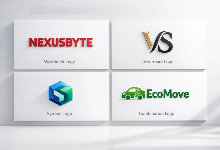 Different types of logo design for startups in India including wordmark, lettermark, symbol and combination logos