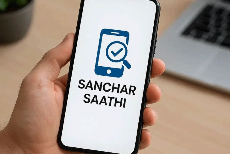 Hand holding a smartphone displaying the Sanchar Saathi logo with a mobile and verification icon on the screen.