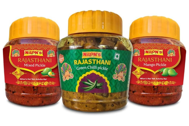 Nilon’s Rajasthani pickle jars including mixed pickle, green chilli pickle, and mango pickle