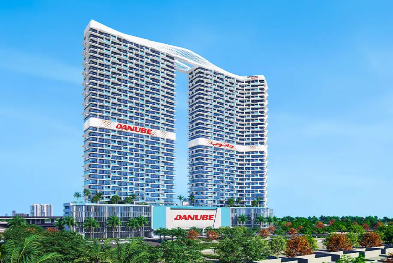 Modern twin-tower Danube off-plan residential project in Dubai with contemporary architecture