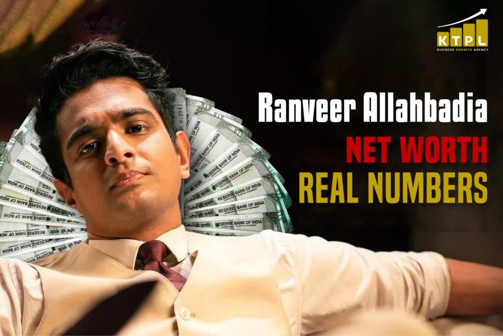 Ranveer Allahbadia net worth real numbers graphic with money background