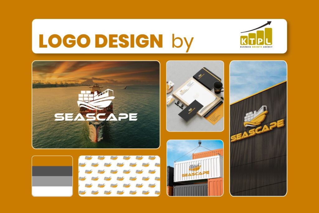 Seascape logo design showcasing cargo ship icon, brand stationery, container branding, and industrial identity created by KTPL Business Growth Agency