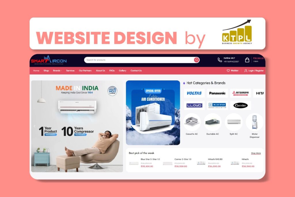 SMART AIRCON e-commerce website homepage designed for online air conditioner sales with multiple brands and clean product layout
