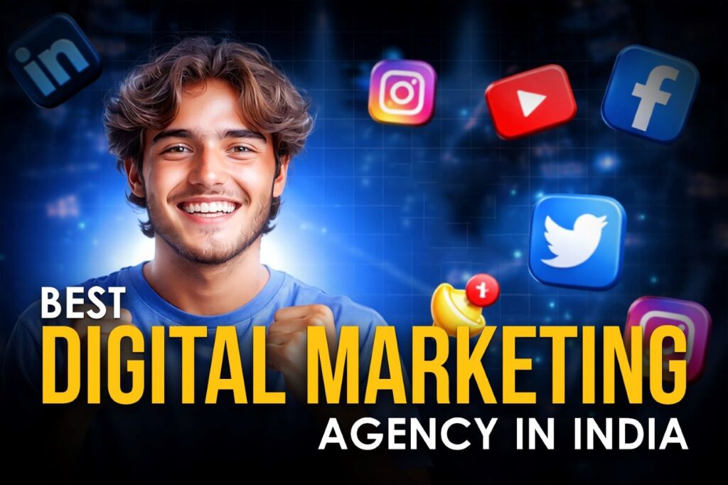 A smiling young man with clenched fists in front of floating social media icons (LinkedIn, Instagram, YouTube) and text "Best Digital Marketing Agency in India."