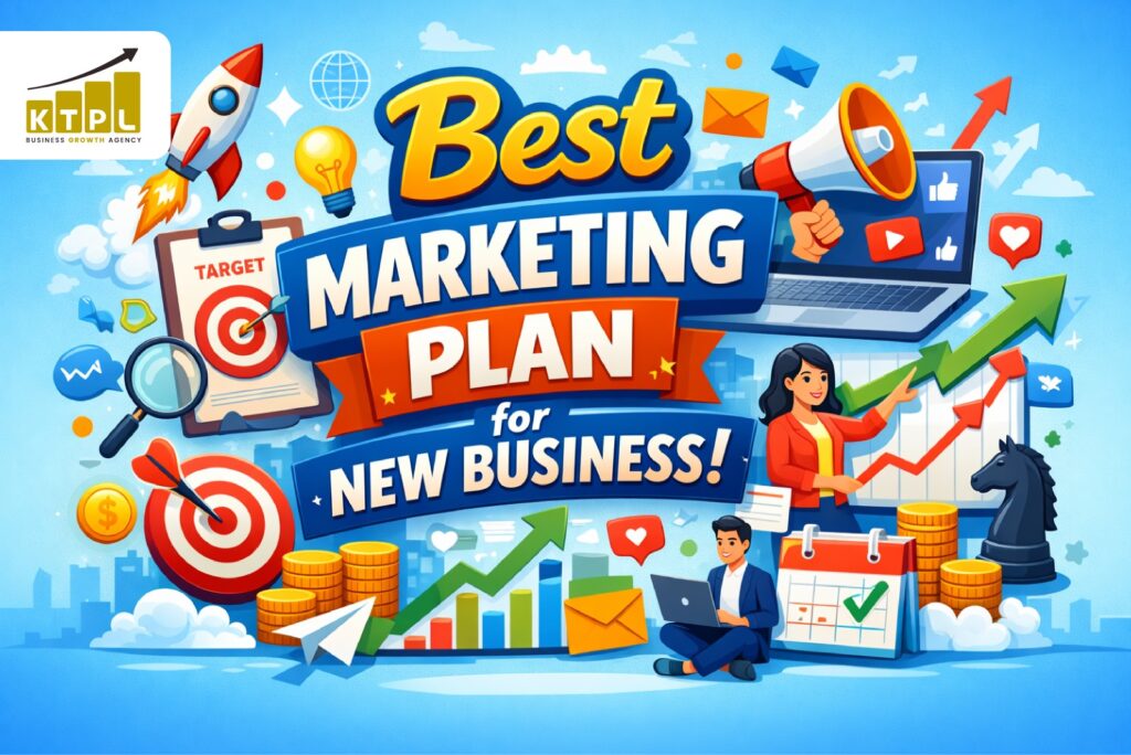 Best marketing plan for new business showing digital marketing strategy, target audience, growth charts, and business planning concepts