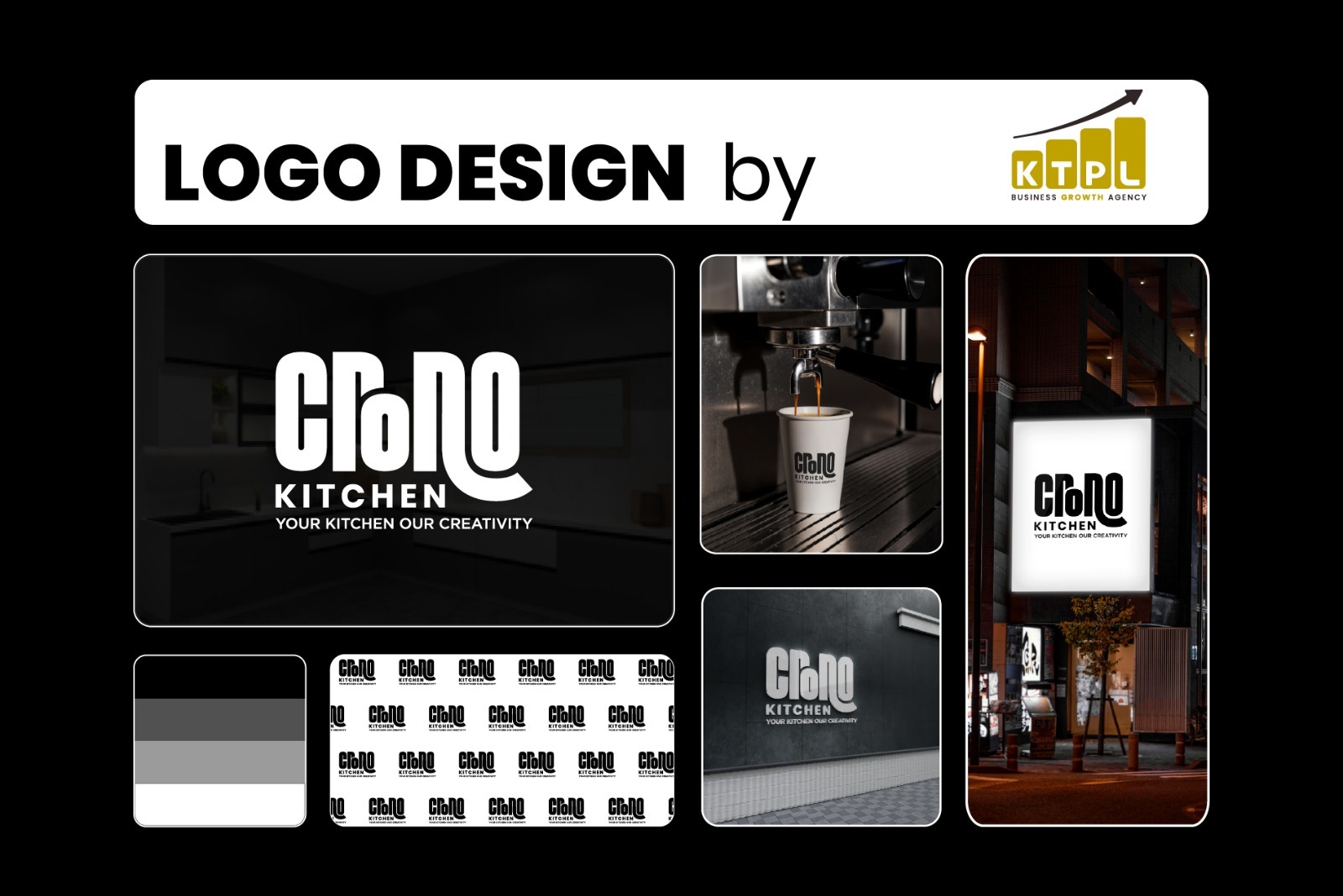 Crono Kitchen logo design created by KTPL for a kitchen manufacturing brand showcasing modern wordmark and real-world applications