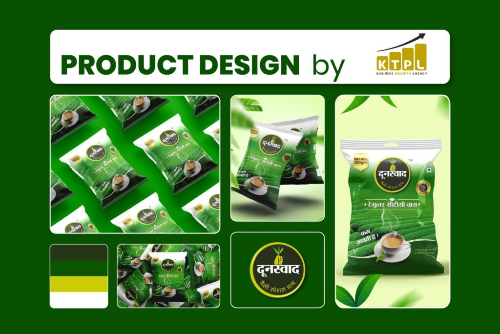 Dunswad CTC tea packaging design showcasing green FMCG tea packs with premium glossy finish designed by KTPL Business Growth Agency