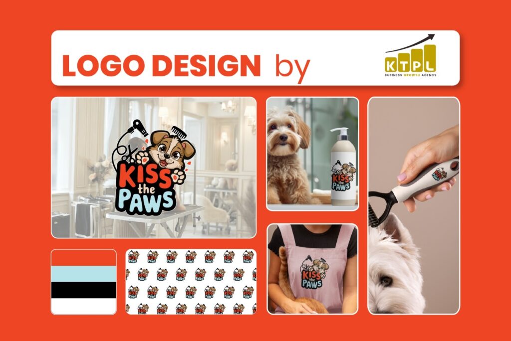 Pet grooming salon logo design for Kiss The Paws showing friendly pet character and branding applications by KTPL