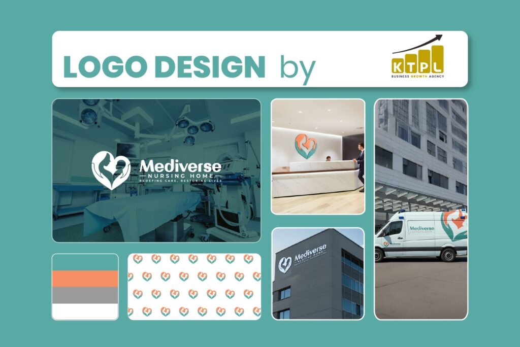 Healthcare logo design for Mediverse Nursing Home showcasing hospital branding across signage, reception, ambulance, and medical environments by KTPL Business Growth Agency