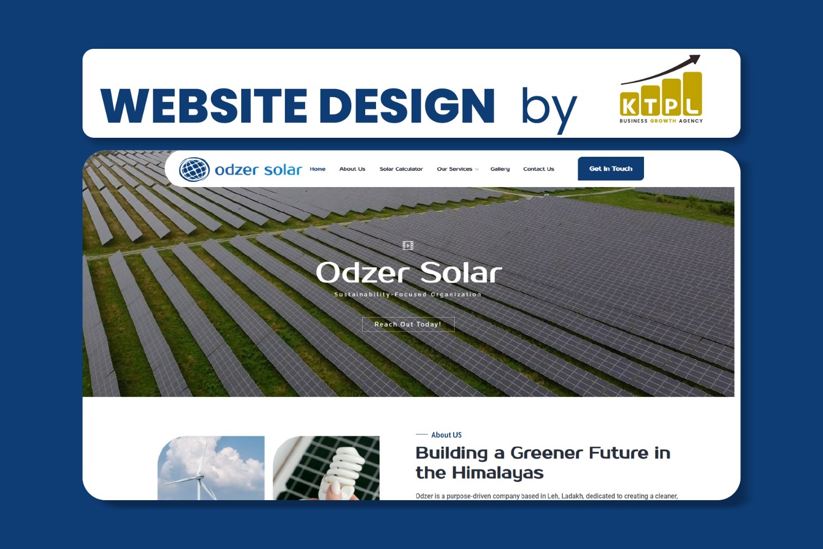 Website design case study for Odzer Solar showcasing a sustainability-focused solar energy website developed by KTPL in Leh Ladakh
