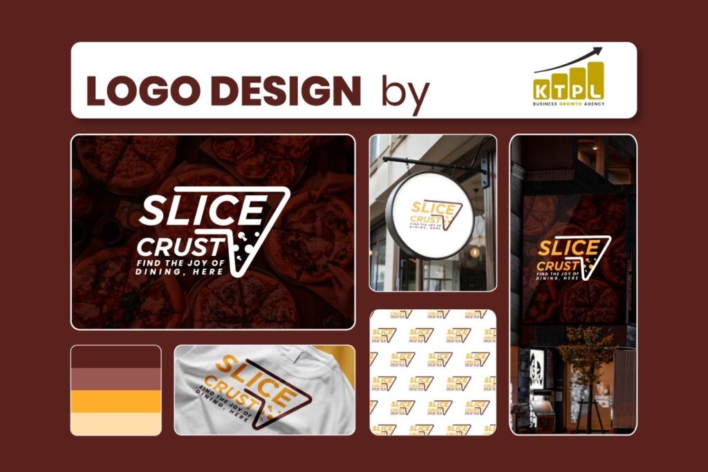 Slice Crust food kitchen logo design showcasing pizza-inspired branding across signage, packaging, and merchandise in Hyderabad