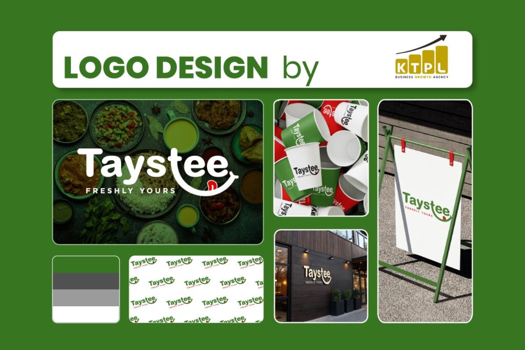 Taystee FMCG logo design showcasing food brand identity across packaging, cups, signage, and branding applications designed by KTPL Business Growth Agency