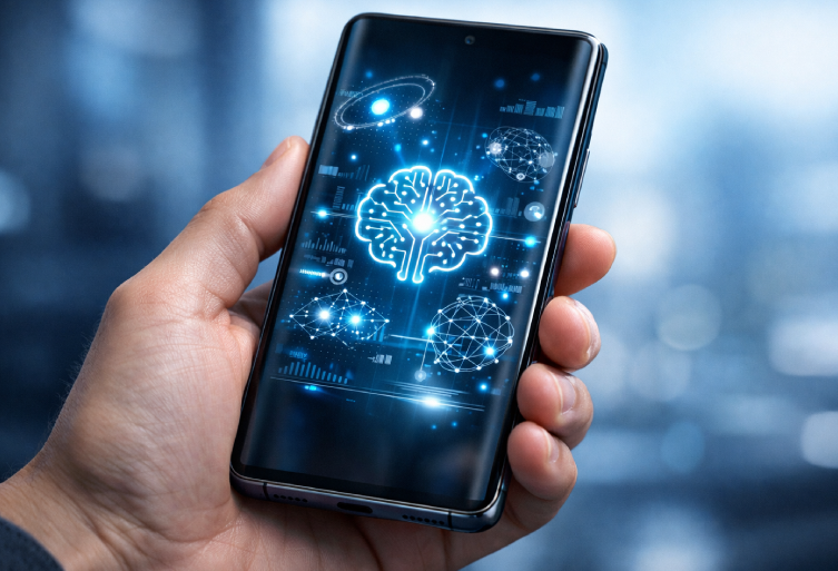 On-device AI processing shown on a modern smartphone with glowing artificial intelligence interface