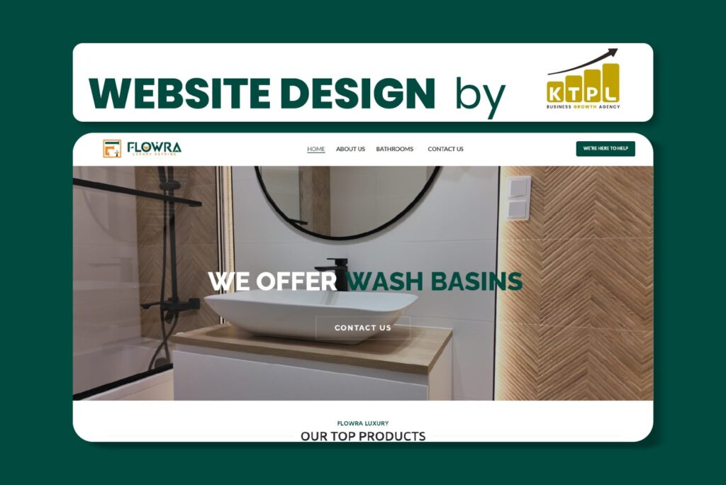 Premium sanitary ware website design for Flowra Luxury Bathing showcasing luxury wash basin layout by KTPL
