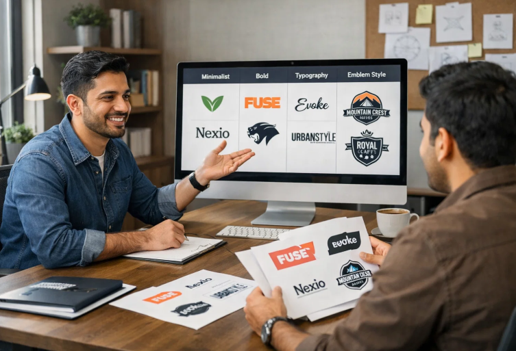 A smiling logo designer presenting a diverse portfolio on a computer monitor to a client, showing various styles including minimalist, bold, typography, and emblem designs.