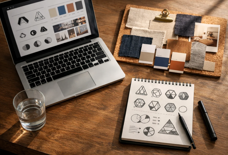 A professional workspace featuring a laptop displaying brand guidelines, hand-drawn logo sketches on a notepad, and color swatches, representing the strategic design process.