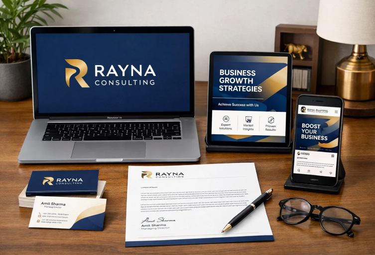 A full brand identity system for "Rayna Consulting" displayed across a laptop, tablet, smartphone, business cards, and official letterhead to show visual consistency.