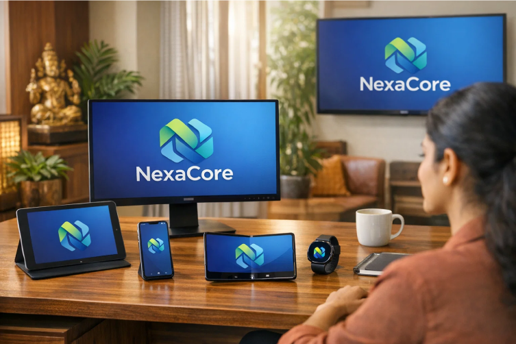 Responsive Logo displayed across AR screen, smartwatch, smart TV, foldable phone, and desktop in modern Indian office