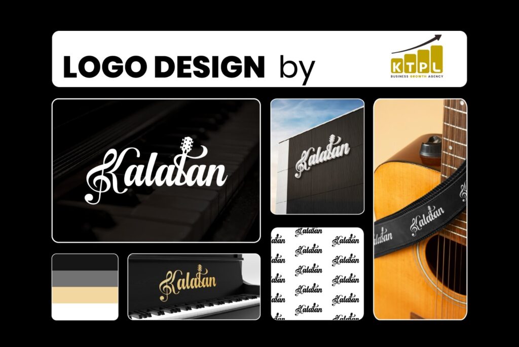 Kalatan musical instruments logo design showcasing guitar inspired typography applied on piano, guitar strap, building signage, and brand mockups by KTPL Business Growth Agency