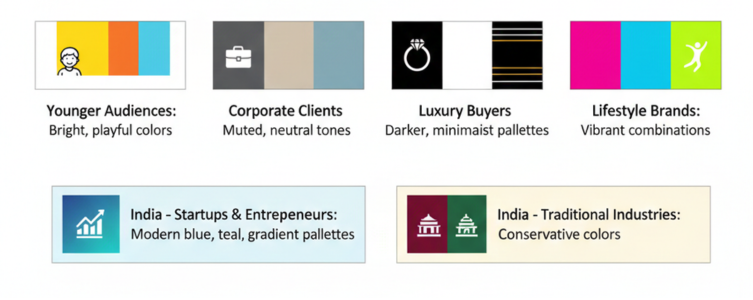 An infographic titled 'Know Your Target Audience' showing color palettes for younger audiences, corporate clients, luxury buyers, lifestyle brands, and Indian startups versus traditional industries.