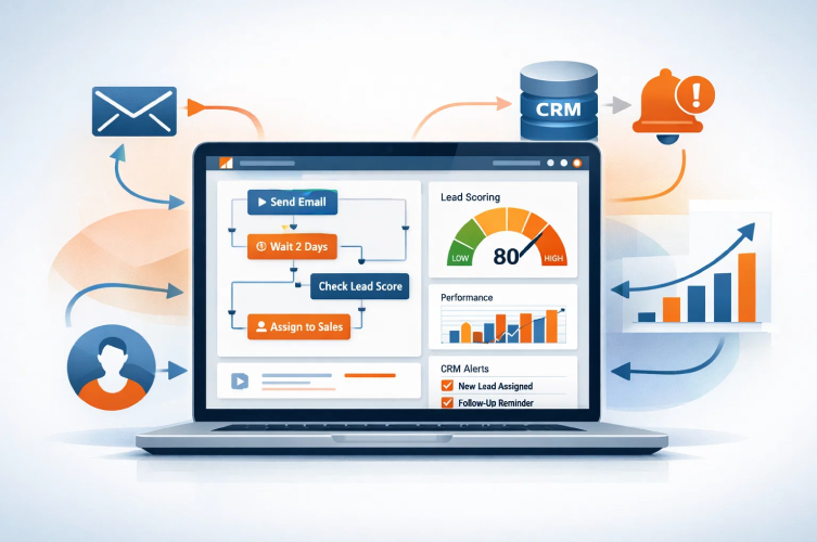 HubSpot marketing automation dashboard showing workflows, lead scoring, CRM integration and performance tracking