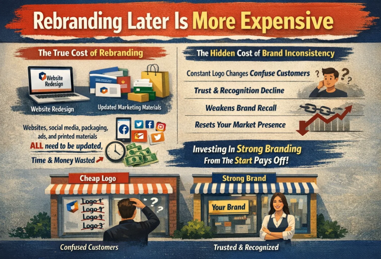 An educational infographic titled "Rebranding Later Is More Expensive." It compares the high costs of updating websites, marketing materials, and social media with the hidden costs of brand inconsistency, such as confused customers and weakened brand recall. A side-by-side illustration shows a "Cheap Logo" storefront with confused customers versus a "Strong Brand" storefront that is trusted and recognized.