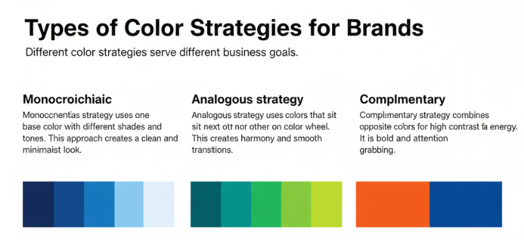 An educational infographic titled 'Types of Color Strategies for Brands' showing three color palette examples: Monochromatic (shades of blue), Analogous (shades of green and teal), and Complementary (contrasting orange and blue).