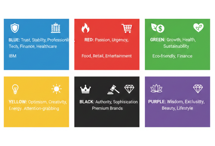 A 2x3 grid infographic explaining brand color psychology for Blue, Red, Green, Yellow, Black, and Purple with icons and industry examples.