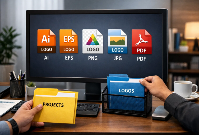 A computer monitor displaying a row of professional logo file icons including AI, EPS, PNG, JPG, and PDF, with a designer organizing "Projects" and "Logos" folders on a desk.